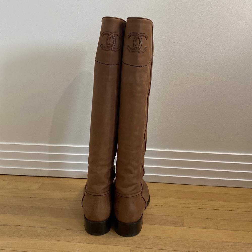 CHANEL Interlocking CC Logo Riding Boots BROWN LAMBSKIN Eu 39.5